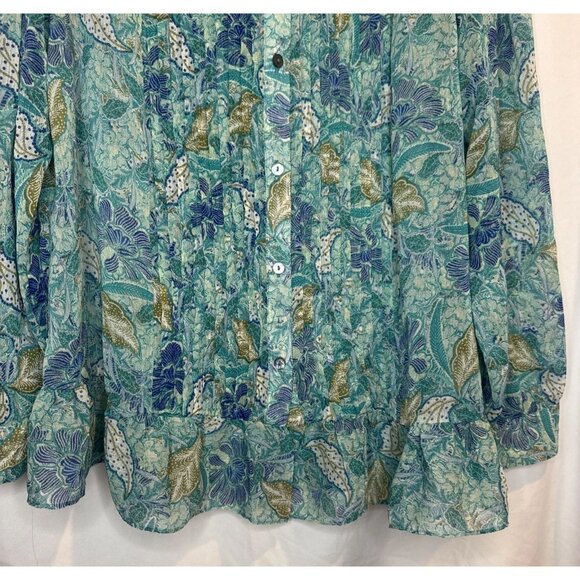 LOGO Lori Goldstein Floral Chiffon Ruffle Collar Pintuck Top Sz S Fairy Peasant - Picture 3 of 9